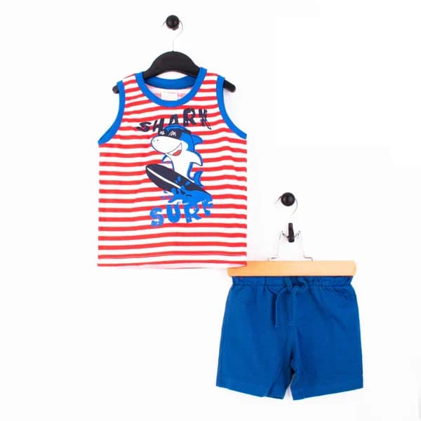 Shark Surf Red Blue Striped Summer Set — Baby kids clothing